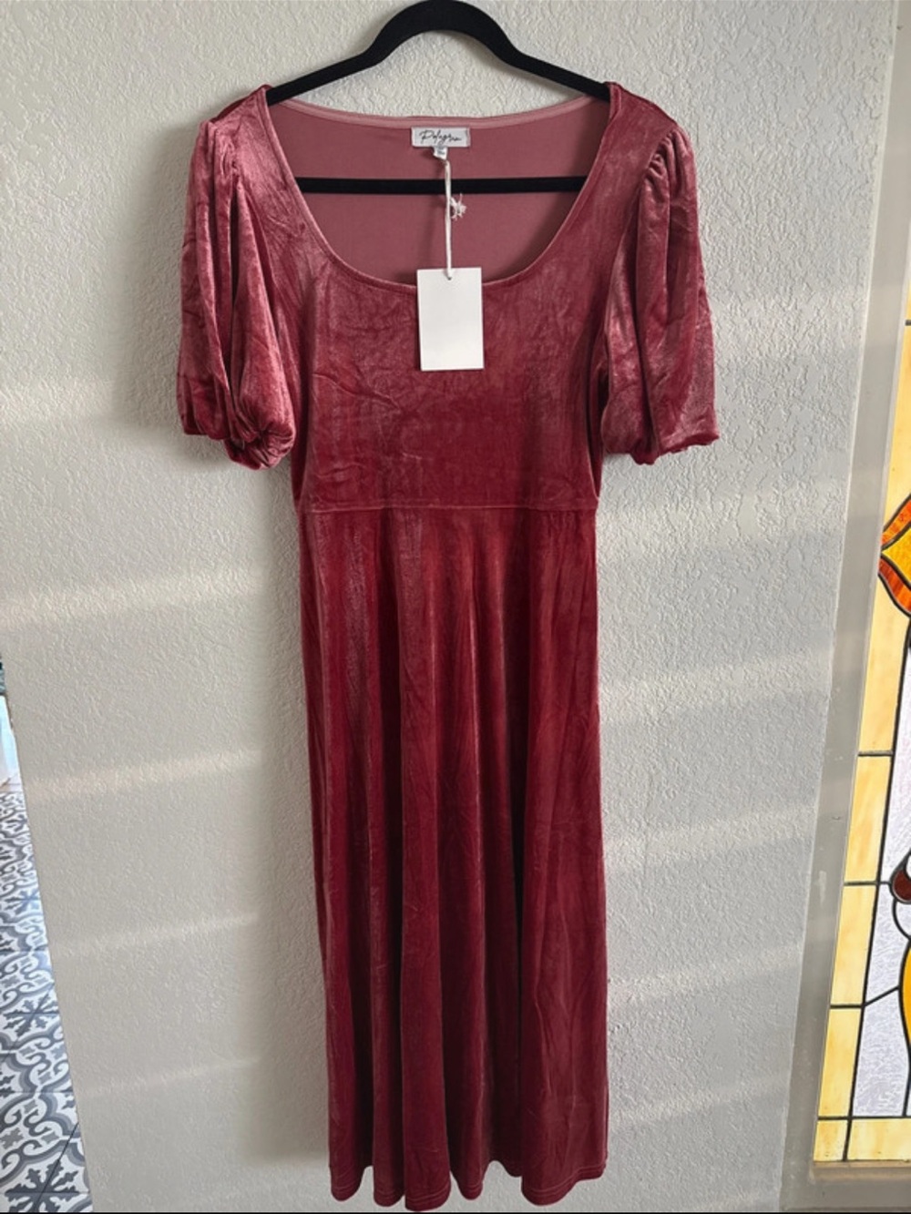 Polagram Rose Velvet Maxi Dress with Puff Sleeves